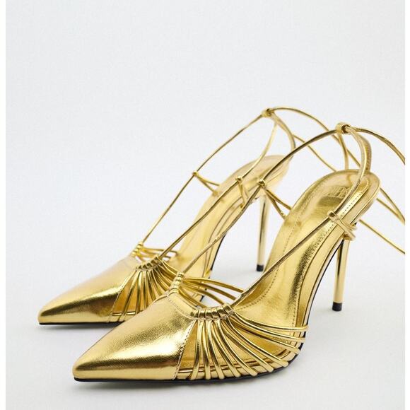 ZARA Lace Up Metallic Gold Pointed Strappy Heels Sz 37 / 7 - Picture 1 of 9